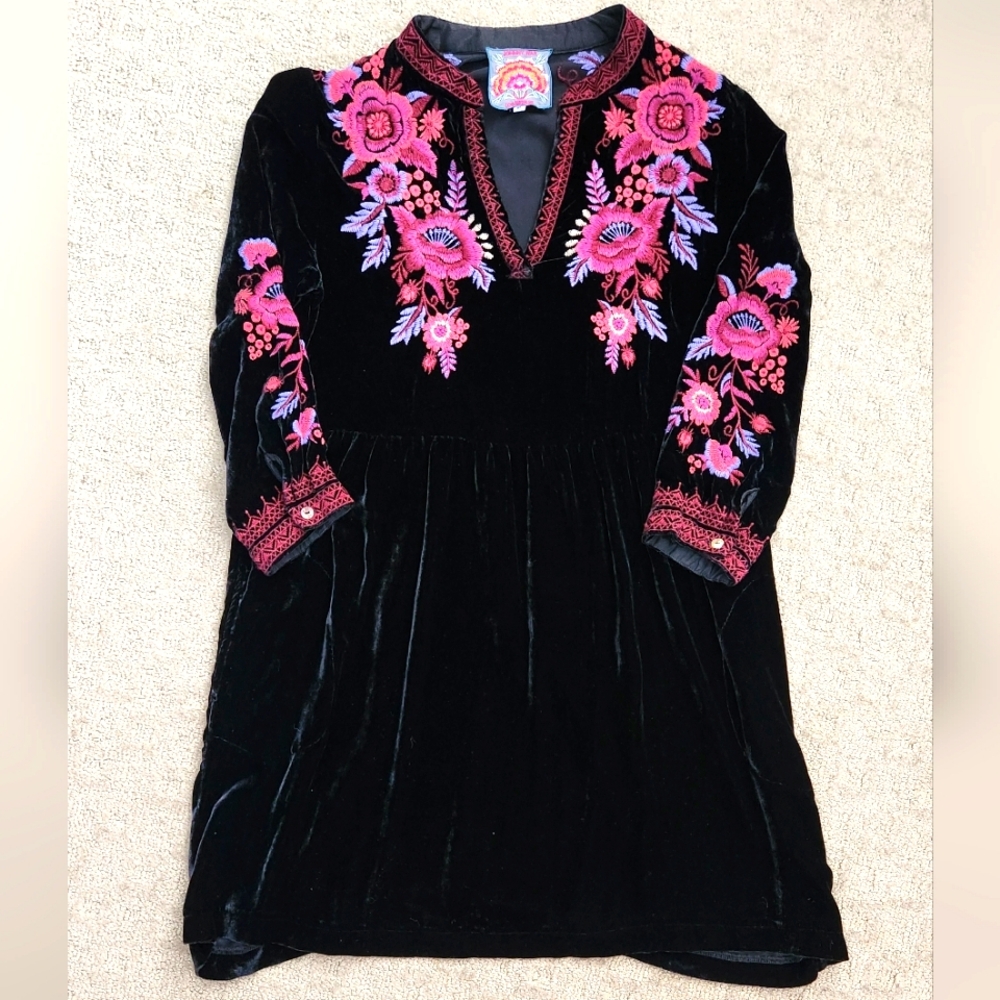 Johnny Was Marcella Floral Velvet Henley Tunic Pockets Dress Heavy Embroidery M - Picture 2 of 13